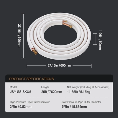 VEVOR 25FT Mini Split Line Set, 3/8" & 5/8" O.D Copper Pipes Tubing And Triple-Layer Insulation, For Mini Split Air Conditioning Refrigerant, White 7 VEVOR 25FT Mini Split Line Set, 3/8" & 5/8" O.D Copper Pipes Tubing And Triple-Layer Insulation, For Mini Split Air Conditioning Refrigerant, White - Image 7