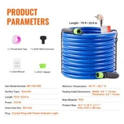 VEVOR 75ft Heated Water Hose For RV, Heated Drinking Water Hose Antifreeze To -45°F, Automatic Self-regulating,5/8" I.D. With 3/4" GHT Adapter, Blue -Vevor GUEST 34d8c1e9 7f33 44bd 8309 f06449aeb483