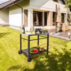 VEVOR Outdoor Grill Dining Cart With Double-Shelf, BBQ Movable Food Prep Table, Multifunctional Iron Table Top, Portable Modular Carts For Pizza Oven