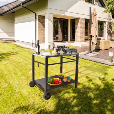 VEVOR Outdoor Grill Dining Cart With Double-Shelf, BBQ Movable Food Prep Table, Multifunctional Iron Table Top, Portable Modular Carts For Pizza Oven 1 VEVOR Outdoor Grill Dining Cart With Double-Shelf, BBQ Movable Food Prep Table, Multifunctional Iron Table Top, Portable Modular Carts For Pizza Oven