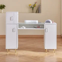 VEVOR Manicure Table, Glass Top Nail Desk, Makeup Dressing Nail Station With Storage Cabinets, Acetone-Resistant Nail Tech Table