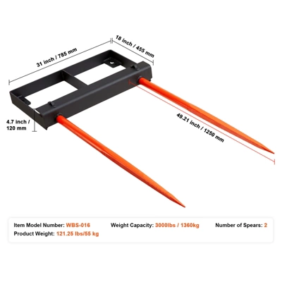 VEVOR 49" Hay Spear, 3000lbs Loading Capacity, Skid Steer Loader Tractor Bucket Attachment With 2pcs 17.5" Stabilizer Spears And 60" Chain, Black 7 VEVOR 49" Hay Spear, 3000lbs Loading Capacity, Skid Steer Loader Tractor Bucket Attachment With 2pcs 17.5" Stabilizer Spears And 60" Chain, Black - Image 7