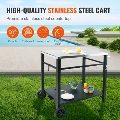 VEVOR Outdoor Grill Dining Cart With Double-Shelf, BBQ Movable Food Prep Table, Multifunctional Stainless Steel Table Top, Portable Modular Carts 3 VEVOR Outdoor Grill Dining Cart With Double-Shelf, BBQ Movable Food Prep Table, Multifunctional Stainless Steel Table Top, Portable Modular Carts - Image 3