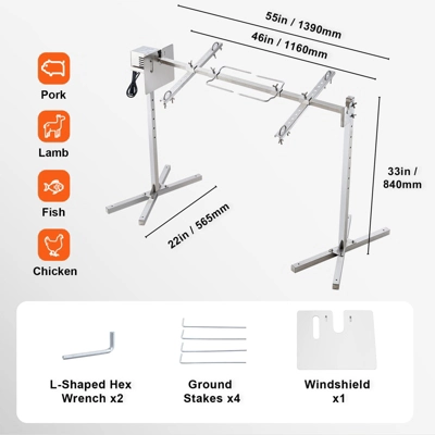 VEVOR Electric BBQ Rotisserie Grill Kit, 46 Inch 90 Lbs Capacity, Automatic 42W Motor Height Adjustable Universal Roaster Stand, Silver 7 VEVOR Electric BBQ Rotisserie Grill Kit, 46 Inch 90 Lbs Capacity, Automatic 42W Motor Height Adjustable Universal Roaster Stand, Silver - Image 7