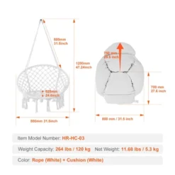 VEVOR Hanging Hammock Swing Chair, Macramé Hanging Chair With Cushion And Mounting Hardware, Cotton Rope Swing Chair, 264 Lbs Capacity, White -Vevor GUEST 40556daa 3de4 4c1d b5ef f6d0b0807f54