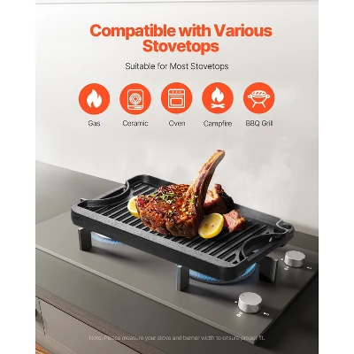 VEVOR Reversible Grill/Griddle, 14x8.5 Inch Pre-Seasoned Cast Iron Griddle, Portable Rectangular Pan With Handle, Family Cookware, Black 3 VEVOR Reversible Grill/Griddle, 14x8.5 Inch Pre-Seasoned Cast Iron Griddle, Portable Rectangular Pan With Handle, Family Cookware, Black - Image 3
