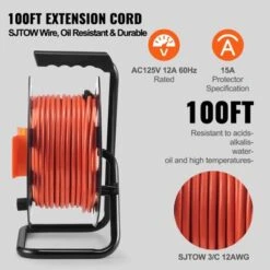 VEVOR Extension Cord Reel, 100FT, With 4 Outlets And Dust Cover, Heavy Duty 12AWG SJTOW Power Cord, Manual Cord Reel, Orange -Vevor GUEST 46de0e34 331c 4bef 9366 824fa0a36fa0