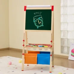 VEVOR Art Easel For Kids, 3-in-1 Wooden Double-Sided Kid's Art Easel With Magnetic Whiteboard, Chalkboard, Paper Roll, Standing Drawing Board