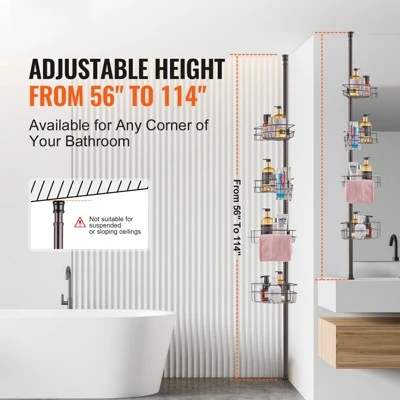 VEVOR Shower Corner Caddy Tension Pole, 56" To 114" High, Multi-Functional Shower Tension Pole With Strong Load-Bearing Tray, Black 2 VEVOR Shower Corner Caddy Tension Pole, 56" To 114" High, Multi-Functional Shower Tension Pole With Strong Load-Bearing Tray, Black - Image 2