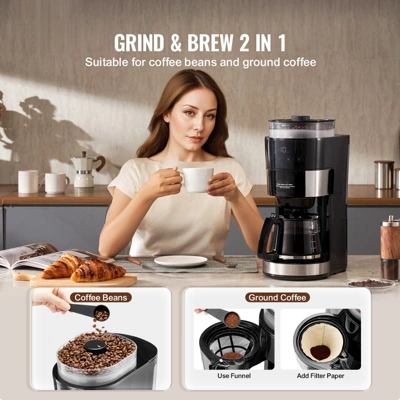 VEVOR Coffee Maker With Grinder, 10 Cup Coffee Machine, Grind And Brew Coffee Maker With 3 Brew Strength Control, Drip Coffee Maker 2 VEVOR Coffee Maker With Grinder, 10 Cup Coffee Machine, Grind And Brew Coffee Maker With 3 Brew Strength Control, Drip Coffee Maker - Image 2