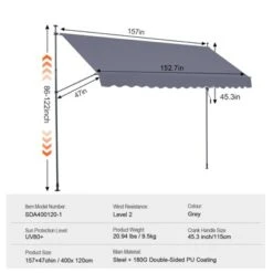 VEVOR 157 X 47" Patio Awning Retractable, Awning Sunshade Shelter With Manual Crank Handle, Adjustable Height From 86 To 122 In, Dark Gray -Vevor GUEST 47ad248f 4dfc 477e 9aeb 0d021fe27b0d