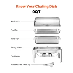 VEVOR Roll Top Chafing Dish Buffet Complete Set, 9Qt Stainless Steel Chafer With Full Size Pan, Rectangle Catering Warmer Server, Silver -Vevor GUEST 47bbd4ed 294f 4da9 8dbc da4126253698
