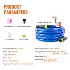 VEVOR 15ft Heated Water Hose For RV,Heated Drinking Water Hose Antifreeze To -45°F, Automatic Self-regulating, 5/8" I.D. With 3/4" GHT Adapter, Blue -Vevor GUEST 4841b308 16f2 4863 944c a1ebd7020b03