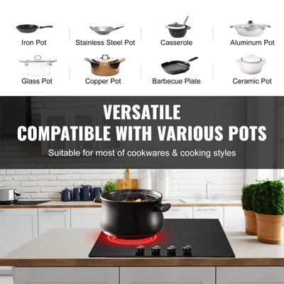 VEVOR Electric Cooktop, 24 Inch 4 Burners Built-in Electric Stove Top, 6000W Ceramic Top Radiant Cooktop, With Glass Panel, Knob Control 4 VEVOR Electric Cooktop, 24 Inch 4 Burners Built-in Electric Stove Top, 6000W Ceramic Top Radiant Cooktop, With Glass Panel, Knob Control - Image 4