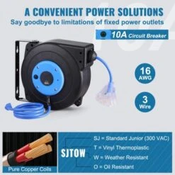 VEVOR Retractable Extension Cord Reel, 30 FT, Heavy Duty 16AWG/3C SJTOW Retractable Power Cord Reel With Lighted Triple Tap Outlet, Black -Vevor GUEST 4a411850 1411 4968 a84f 0093b8ded673