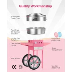 VEVOR Electric Cotton Candy Machine With Cart, 1000W Commercial Candy Floss Maker With 20.5 In Stainless Steel Bowl, Sugar Scoop, And Drawer, Pink -Vevor GUEST 4c19df46 ec15 43ee bac2 1464118cc884