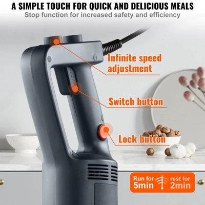 VEVOR Commercial Immersion Blender, 500 Watt Heavy Duty Hand Mixer, Variable Speed Kitchen Stick Mixer With 304 Stainless Steel Blade 4 VEVOR Commercial Immersion Blender, 500 Watt Heavy Duty Hand Mixer, Variable Speed Kitchen Stick Mixer With 304 Stainless Steel Blade - Image 4