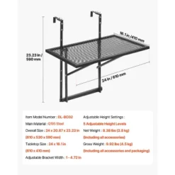 VEVOR Balcony Hanging Table, 19 X 24 In Metal Folding Balcony Railing Table, 5-Level Adjustable, Fit Railing From 1" To 4.7", Black -Vevor GUEST 4c7f6bc3 965d 4e53 9be2 7700fbbef23d
