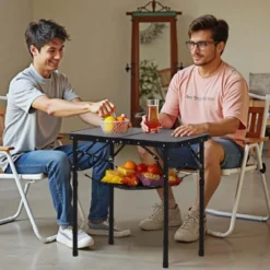 VEVOR Folding Camping Table, Adjustable Height Portable Side Tables, Aluminum MDF Beach Table With Mesh Layer, Carrying Handle, 24x16in, Black