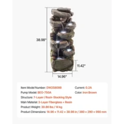 VEVOR Outdoor Water Fountain, 38.98 In Height Fountain And Waterfall,7-Tier Floor Standing Rock-Shaped Cascading Fountains With Light And Pump,Brown -Vevor GUEST 4dd96ef8 20bd 4abf bc20 981195c72a32