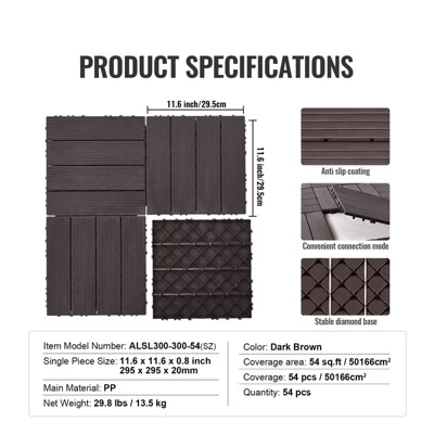VEVOR Interlocking Deck Tiles, 54 Pack,11.6"x11.6" 54 Sq. Ft Plastic Waterproof Outdoor Flooring All Weather Use, Patio Floor Decking Covering Tiles 7 VEVOR Interlocking Deck Tiles, 54 Pack,11.6"x11.6" 54 Sq. Ft Plastic Waterproof Outdoor Flooring All Weather Use, Patio Floor Decking Covering Tiles - Image 7