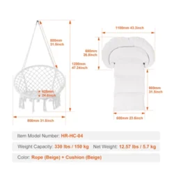VEVOR Hanging Hammock Swing Chair, 330 Lbs Capacity, Macramé Hanging Chair With Cushion And Mounting Hardware, Cotton Rope Swing Chair, Beige -Vevor GUEST 51d1b20e 4f08 4c8e 83c4 2260fe744c76