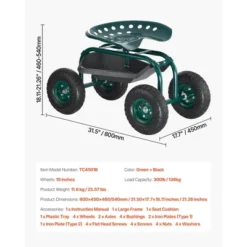 VEVOR Rolling Garden Cart With Swivel Seat, Heavy Duty Garden Seat With Storage Basket & Tool Tray, 300 Lbs Weight Capacity, Green -Vevor GUEST 5227125a 2c1e 4b85 b0e7 38b299faaf50