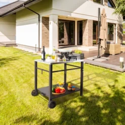 VEVOR Outdoor Grill Dining Cart With Double-Shelf, BBQ Movable Food Prep Table, Multifunctional Stainless Steel Table Top, Portable Modular Carts