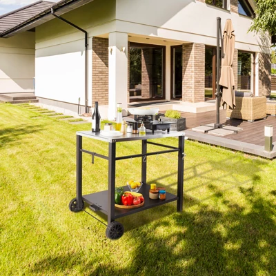 VEVOR Outdoor Grill Dining Cart With Double-Shelf, BBQ Movable Food Prep Table, Multifunctional Stainless Steel Table Top, Portable Modular Carts 1 VEVOR Outdoor Grill Dining Cart With Double-Shelf, BBQ Movable Food Prep Table, Multifunctional Stainless Steel Table Top, Portable Modular Carts