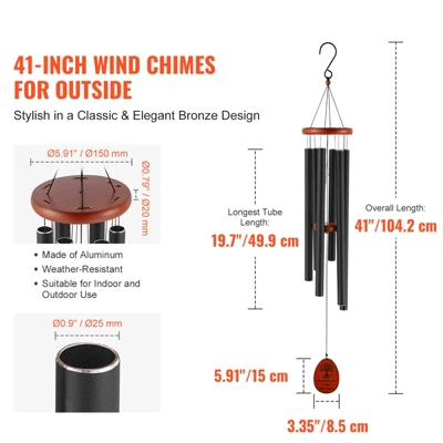 VEVOR Wind Chimes For Outside, 41 In, Deep Tone Wind Chimes With 6 Tubes, Unique Large Memorial Wind Chimes For Anniversary, Black 7 VEVOR Wind Chimes For Outside, 41 In, Deep Tone Wind Chimes With 6 Tubes, Unique Large Memorial Wind Chimes For Anniversary, Black - Image 7