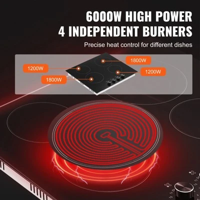 VEVOR Electric Cooktop, 24 Inch 4 Burners Built-in Electric Stove Top, 6000W Ceramic Top Radiant Cooktop, With Glass Panel, Knob Control 2 VEVOR Electric Cooktop, 24 Inch 4 Burners Built-in Electric Stove Top, 6000W Ceramic Top Radiant Cooktop, With Glass Panel, Knob Control - Image 2
