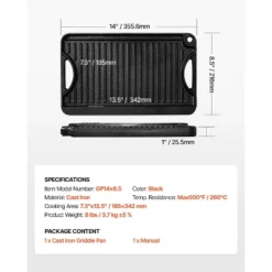 VEVOR Reversible Grill/Griddle, 14x8.5 Inch Pre-Seasoned Cast Iron Griddle, Portable Rectangular Pan With Handle, Family Cookware, Black 14 VEVOR Reversible Grill/Griddle, 14x8.5 Inch Pre-Seasoned Cast Iron Griddle, Portable Rectangular Pan With Handle, Family Cookware, Black -Vevor GUEST 57c4c5b1 5974 4ffa a017 ec843a262be3