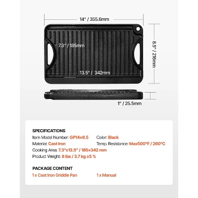 VEVOR Reversible Grill/Griddle, 14x8.5 Inch Pre-Seasoned Cast Iron Griddle, Portable Rectangular Pan With Handle, Family Cookware, Black 7 VEVOR Reversible Grill/Griddle, 14x8.5 Inch Pre-Seasoned Cast Iron Griddle, Portable Rectangular Pan With Handle, Family Cookware, Black - Image 7
