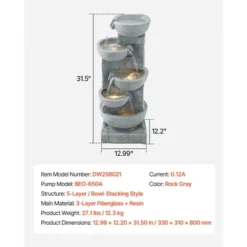 VEVOR Outdoor Water Fountain, 31.5 In Height Fountain And Waterfall, 5-Tier Floor Standing Bowl-Shaped Cascading Fountains With Light And Pump, Gray -Vevor GUEST 59078b8a 08be 4380 aa74 6b8c4190fa81