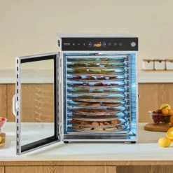 VEVOR Rotary Food Dehydrator Machine, 12 Stainless Steel Trays, 800W Electric Food Dryer With Adjustable Temperature & 24-Hour Timer, Silver