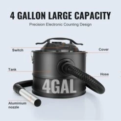 VEVOR Ash Vacuum Cleaner, 4 Gallon With 1200W Powerful Suction, Ash Vac Collector With 47.2 In Flexible Hose, For Fireplaces, Pellet Stoves, Black -Vevor GUEST 59cde1fd 8a18 4a39 bb6b 837e690db47d