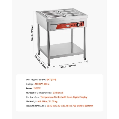VEVOR 6-Pan Commercial Food Warmer, 6 X 1/3 Pans Electric Steam Table, 1500W Buffet Catering Food Warmer With Undershelf, Stainless Steel,Silver 7 VEVOR 6-Pan Commercial Food Warmer, 6 X 1/3 Pans Electric Steam Table, 1500W Buffet Catering Food Warmer With Undershelf, Stainless Steel,Silver - Image 7