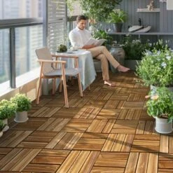 VEVOR Interlocking Deck Tiles Solid Wood, 27 Pack,12"x12" Waterproof Camphor Pine Wood Flooring All Weather Use, Patio Floor Decking Covering Tiles