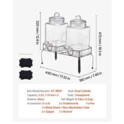 VEVOR Beverage Dispenser, 2 Pack 1.5 Gallon Drink Dispensers For Parties, Glass Juice Dispenser With Metal Stand, Stainless Steel Spigot, Clear -Vevor GUEST 5d4ecfc4 4f13 424b 8a82 52d16543e9e1