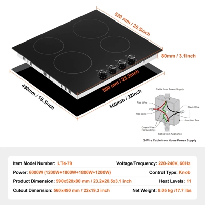 VEVOR Electric Cooktop, 24 Inch 4 Burners Built-in Electric Stove Top, 6000W Ceramic Top Radiant Cooktop, With Glass Panel, Knob Control 7 VEVOR Electric Cooktop, 24 Inch 4 Burners Built-in Electric Stove Top, 6000W Ceramic Top Radiant Cooktop, With Glass Panel, Knob Control - Image 7