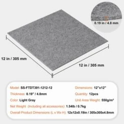 VEVOR Carpet Tiles Peel And Stick, 12” X 12” Squares Self Adhesive Carpet Floor Tile, Soft Padded Carpet Tiles, Easy Install (12 Tiles, Light Gray) -Vevor GUEST 5e70e67e 518a 4105 b14c f1be98ba2f7a