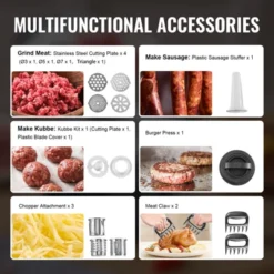 VEVOR Meat Grinder, 4.2 Lbs/Min Capacity Electric Meat Grinders With Blade, Grinding Plate, Sausage Maker, Kubbe Kit, Burger Press, Silver -Vevor GUEST 609b24f7 0d4e 481e 8076 62ad3f887f44