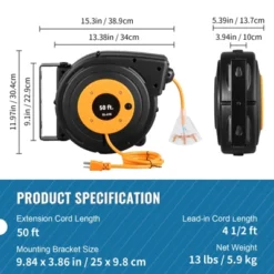 VEVOR Retractable Extension Reel, 50 FT 14AWG/3C SJTOW Power Cord With Lighted Triple Tap Outlet, 13 Amp Circuit Breaker, 180° Swivel Bracket -Vevor GUEST 6177e42d 22be 48e6 94af 216e040f3268