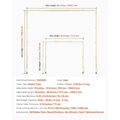 VEVOR Over The Table Rod Stand With Clamps, 13"-42" Tall & 28"-98" Length Adjustable, Metal Table Arch Stand, Tabletop Balloon Arch Frame, Gold 7 VEVOR Over The Table Rod Stand With Clamps, 13"-42" Tall & 28"-98" Length Adjustable, Metal Table Arch Stand, Tabletop Balloon Arch Frame, Gold - Image 7