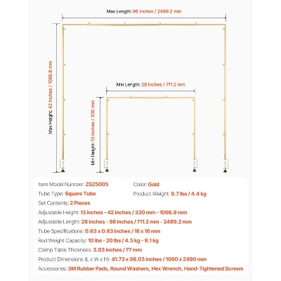 VEVOR Over The Table Rod Stand With Clamps, 13"-42" Tall & 28"-98" Length Adjustable, 2 Packs Table Arch Stand, Tabletop Balloon Arch Frame, Gold 7 VEVOR Over The Table Rod Stand With Clamps, 13"-42" Tall & 28"-98" Length Adjustable, 2 Packs Table Arch Stand, Tabletop Balloon Arch Frame, Gold - Image 7