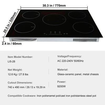 VEVOR Electric Cooktop, 5 Burners, 30'' Induction Stove Top, Built-in Magnetic Cooktop 9200W, 9 Heating Level Multifunctional Burner 7 VEVOR Electric Cooktop, 5 Burners, 30'' Induction Stove Top, Built-in Magnetic Cooktop 9200W, 9 Heating Level Multifunctional Burner - Image 7