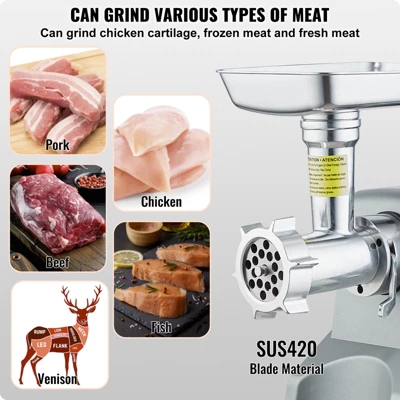 VEVOR Electric Meat Grinder, 5 Lb/Min Capacity, 575W(800W MAX) Industrial Meat Mincer With Blade, Grinding Plate, Sausage Stuffing Blade, Silver 4 VEVOR Electric Meat Grinder, 5 Lb/Min Capacity, 575W(800W MAX) Industrial Meat Mincer With Blade, Grinding Plate, Sausage Stuffing Blade, Silver - Image 4