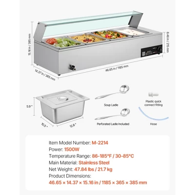 VEVOR Commercial Food Warmer, 1500W Electric Stainless Steel Steam Food Warmer With Glass Cover, 4-Pan Countertop Buffet Bain Marie, Silver 7 VEVOR Commercial Food Warmer, 1500W Electric Stainless Steel Steam Food Warmer With Glass Cover, 4-Pan Countertop Buffet Bain Marie, Silver - Image 7