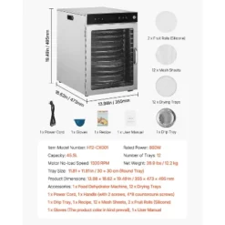 VEVOR Rotary Food Dehydrator Machine, 12 Stainless Steel Trays, 800W Electric Food Dryer With Adjustable Temperature & 24-Hour Timer, Silver -Vevor GUEST 66fd52c0 bd88 4455 9063 6b8aac7cf378