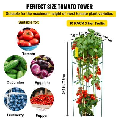 VEVOR Tomato Cages, 11.8" X 11.8" X 46.1", 10 Packs Square Plant Support Cages, Green PVC-Coated Steel Tomato Towers , Green 5 VEVOR Tomato Cages, 11.8" X 11.8" X 46.1", 10 Packs Square Plant Support Cages, Green PVC-Coated Steel Tomato Towers , Green - Image 5